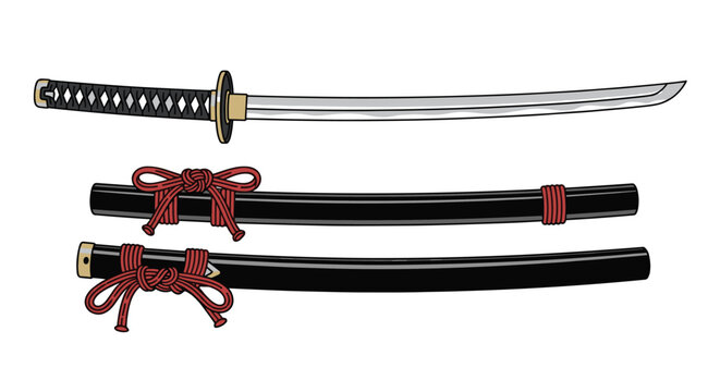 Detailed illustration of a traditional Japanese katana sword shown along with two different black scabbards below it.