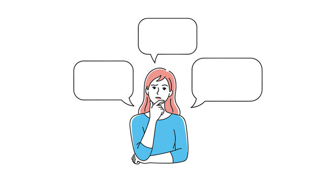 Illustration of a pensive woman with red hair looking up at three blank speech bubbles representing deep thoughts.