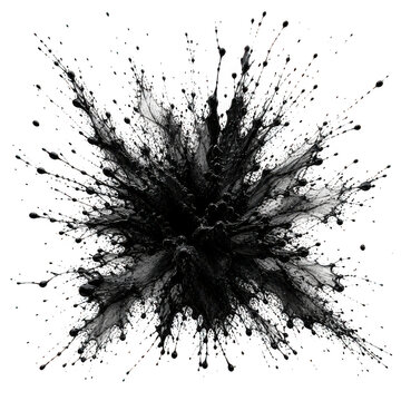 Intense black powder explosion with splatters and gritty texture burst as isolated on transparent background