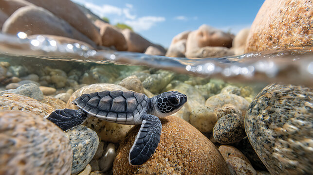 Young sea turtle exploring shallow tide pools, low-angle perspective with clear light and strong visual presence.