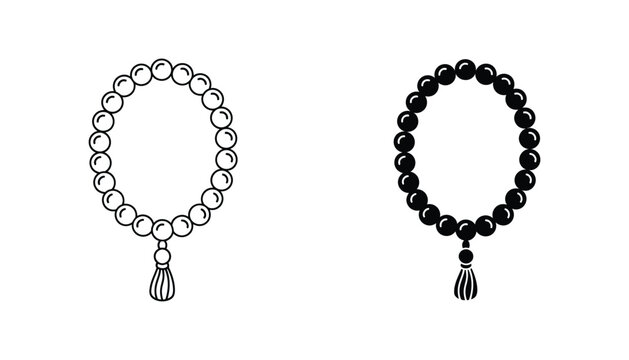 Traditional prayer beads with tassel icon in minimalist line art and solid black vector style for religious and spiritual design elements