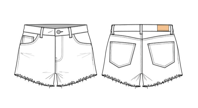 Technical fashion sketches of women denim shorts with a raw frayed hem and five pocket design shown from the front and back for apparel.