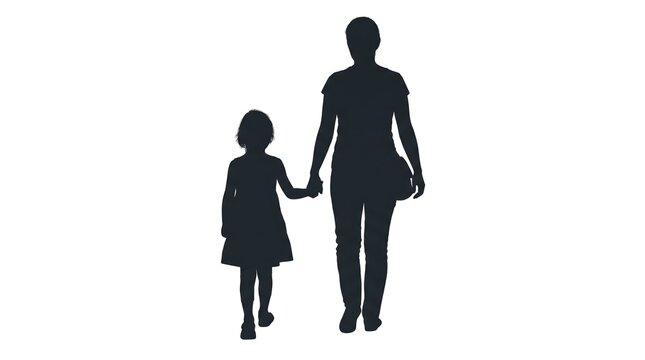 Silhouette of a caring mother holding her small daughter by the hand while they walk forward together in a unified motion that symbolizes deep family connection and unconditional love between a parent