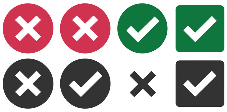 Green check marks and red cross icons featuring tick and cross symbols for accepted or rejected, true or false, yes or no decision status and validation design.