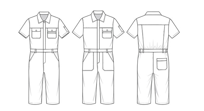 Fashion flat sketches of a short sleeve industrial jumpsuit or coverall showing the front and back views for workwear design details.