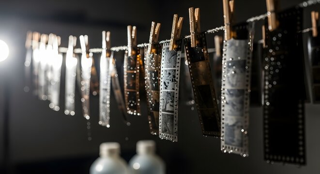 The close-up image of film negatives hanging to dry on a clothesline with visible water droplets in an authentic darkroom environment feels both real and nostalgic.