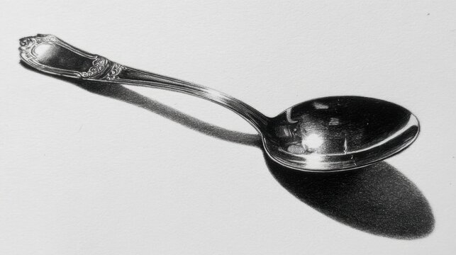 Realistic pencil drawing of a shiny metal spoon with detailed reflections and soft cast shadow