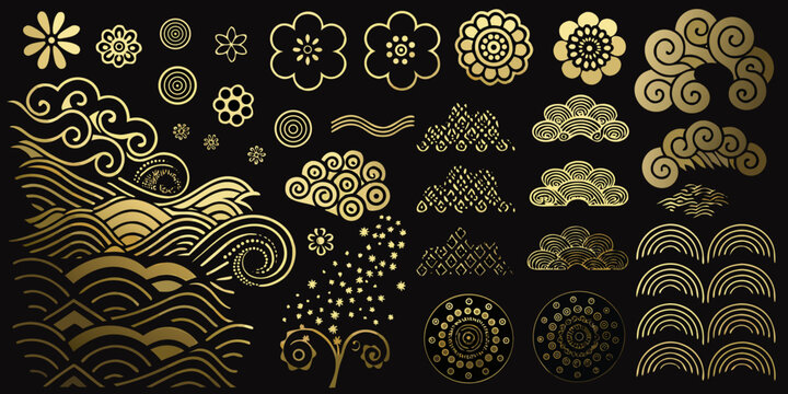 traditional japanese wave and floral pattern on black background