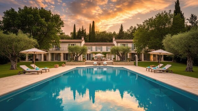 luxury resort infinity pool at sunset with lounge chairs and elegant architecture