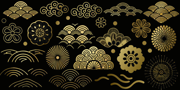 traditional japanese wave and floral pattern on black background