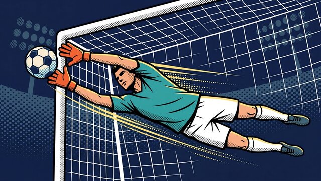 Goalkeeper making dramatic diving save during football match showcasing athletic reflexes and defensive skill in competitive sport
