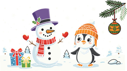 Cute Christmas Vector Scene with Snowman and Penguin in Winter Snow Landscape for Holiday Greetings, Cards, Posters, and Festive Designs © Lipi