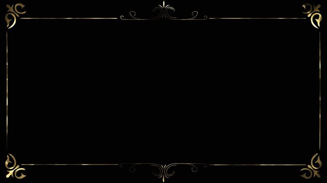 Black luxury frame with golden ornamental corners, fine border lines, elegant empty center space. wedding invitation premium event promos, award intros, greetings, ceremony slides, classic overlays.
