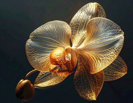 Transparent golden orchid with intricate veining, against dark background