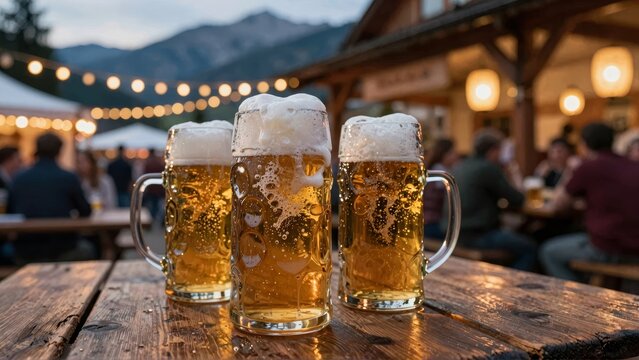 Three Cold Beer Mugs on Wooden Table in Alpine Beer Garden