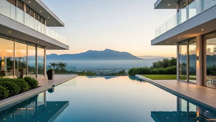 Fototapeta premium luxury infinity pool at modern villa with mountain sunset view and relaxation ambiance