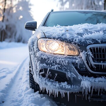 Frozen car on snowy winter road.