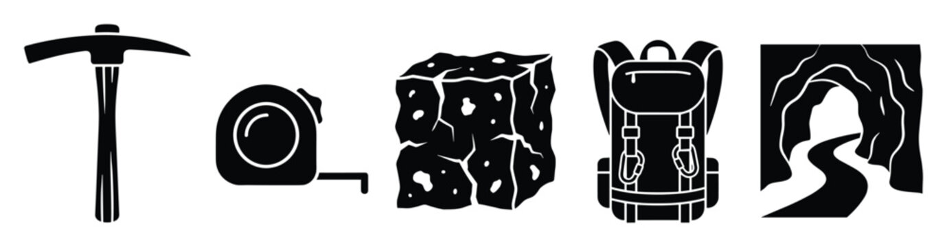 Essential geology and caving equipment icons featuring a pickaxe measuring tape rock and backpack for exploration projects