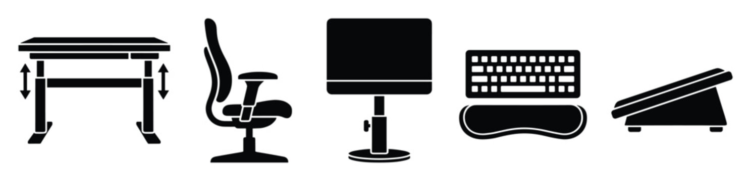 Ergonomic office furniture and accessories for a healthy adjustable computer workstation setup