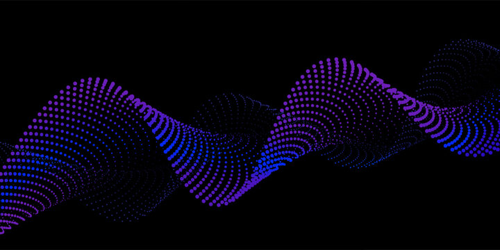 Neon sound wave on black background. Abstract flowing wavy dot lines design for ai concept, eq equalizer, audio record, voice assistant. Vector blue green purple gradient dashed curve stripe wallpaper