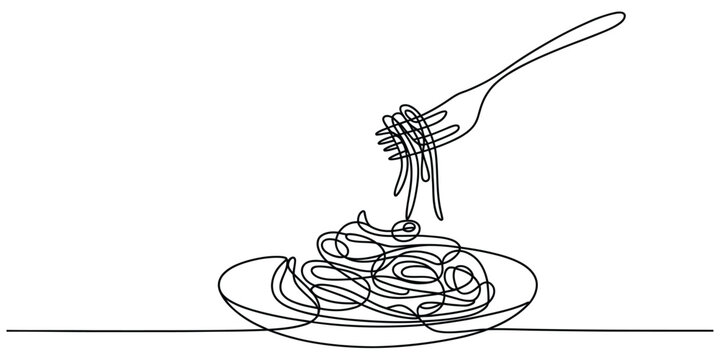 Continuous line drawing of spaghetti pasta on a fork
