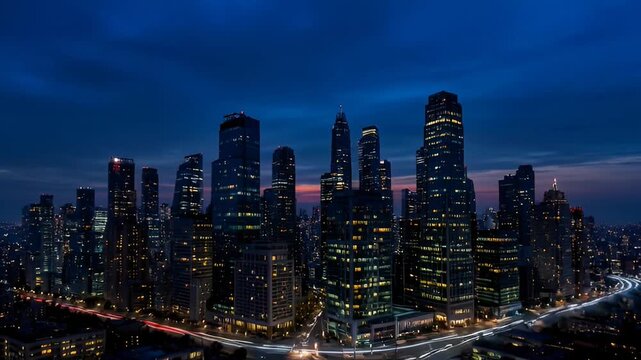 Day to night transition reveals cityscape with skyscrapers and highway at dusk