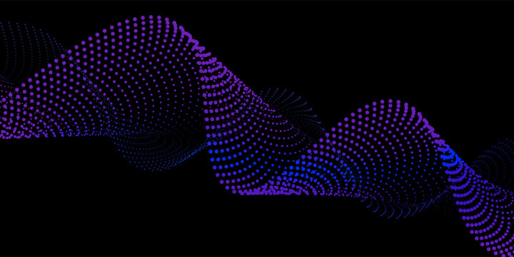 Neon sound wave on black background. Abstract flowing wavy dot lines design for ai concept, eq equalizer, audio record, voice assistant. Vector blue green purple gradient dashed curve stripe wallpaper