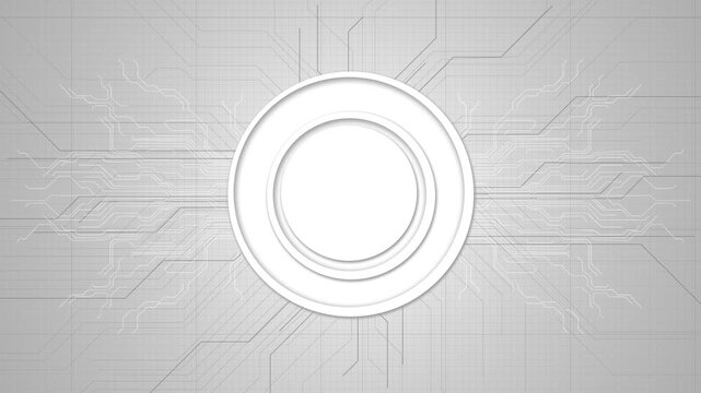Clean gray technology background white circular platform, circuit traces, grid lines, modern copy space. product videos, tech intros, app promos, engineering explainers, science titles, corporate