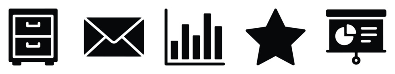 Fototapeta premium Professional flat glyph icons depicting essential office and business concepts for digital interfaces