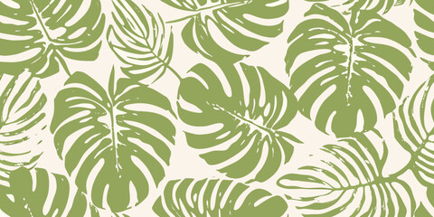 Tropical monstera leaf pattern seamless botanical illustration with overlapping green foliage high quality professional detailed © Dibyendu