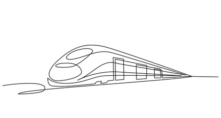 Continuous line drawing of a high-speed train, sleek modern bullet train design with flowing curves, minimal outline vector illustration, transportation concept isolated on white background. © Thuin_prodesign