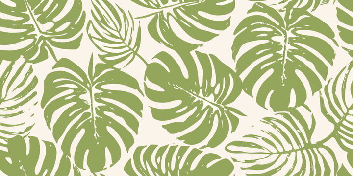 Tropical monstera leaf pattern seamless botanical illustration with overlapping green foliage high quality professional detailed