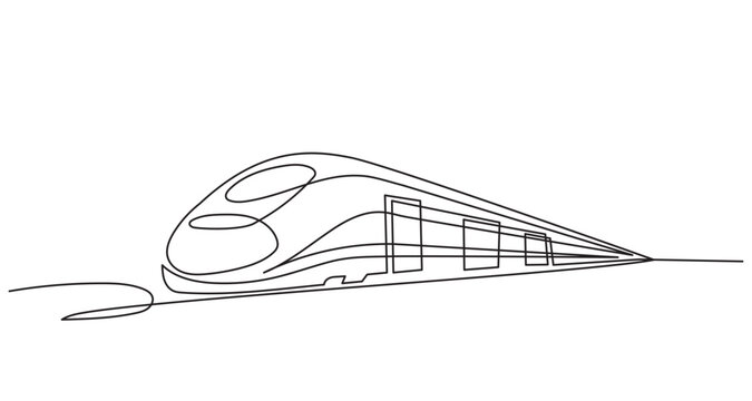 Continuous line drawing of a high-speed train, sleek modern bullet train design with flowing curves, minimal outline vector illustration, transportation concept isolated on white background.