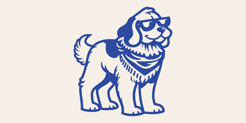 Fototapeta premium Blue silhouette of a standing dog wearing sunglasses and a bandana on a light background