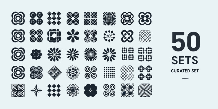 Collection of fifty black geometric floral vector ornaments on a light gray background high quality