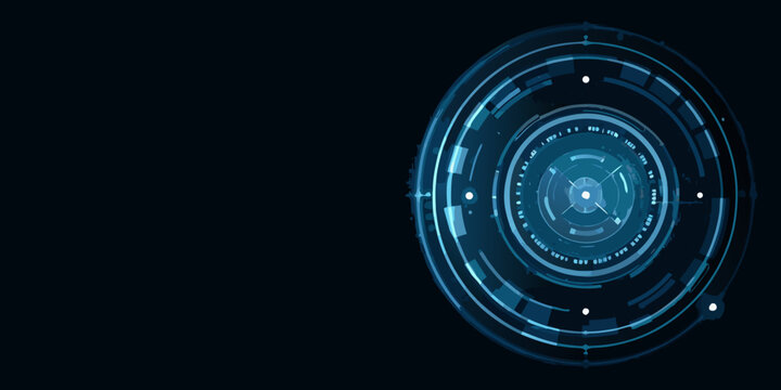 Glowing circular interface with radiating lines and digital data streams on dark background high quality