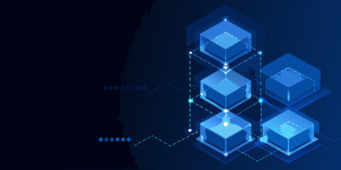 Fototapeta premium Interconnected blue cubes with glowing lines 3d render on dark background high quality professional detailed