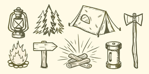 Camping equipment sketch collection with lantern tent campfire and signpost illustration high quality professional detailed © Dibyendu
