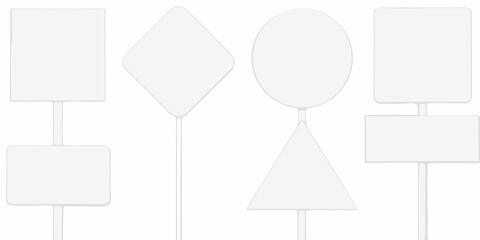 Minimalist road sign silhouettes with geometric shapes and poles on a white background high quality © Dibyendu