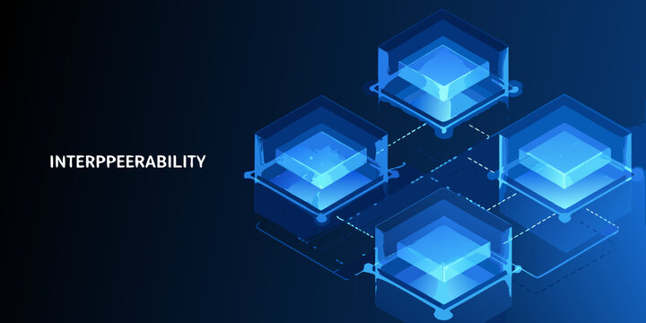 Interconnected three dimensional cubes with glowing lines on a dark blue background high quality professional