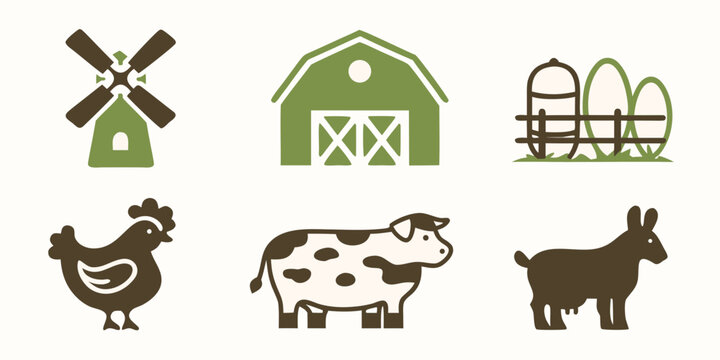 Farm animal and building icons set including windmill barn cow and chicken high quality professional