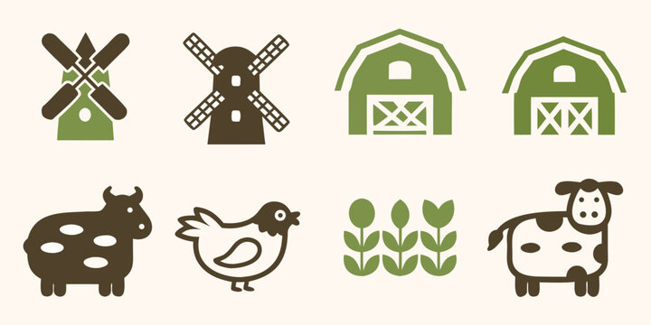 Farm animal and building icons set including windmill barn cow and chicken high quality professional