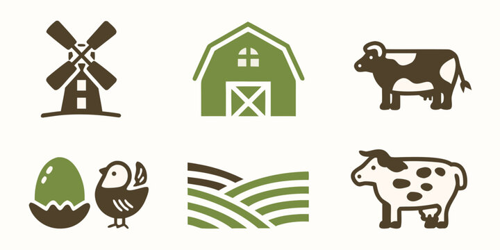 Farm animal and building icons set including windmill barn cow chicken and field high quality
