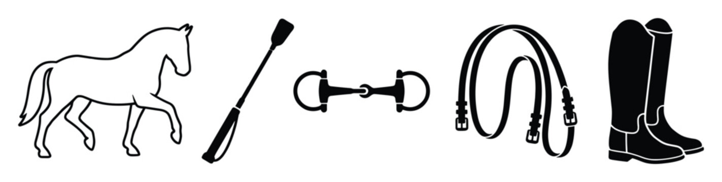 Equestrian accessories and horse silhouette representing horse riding sports and stable life