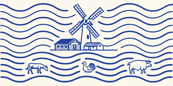 Line art illustration of a dutch windmill and barn with farm animals on a wavy background