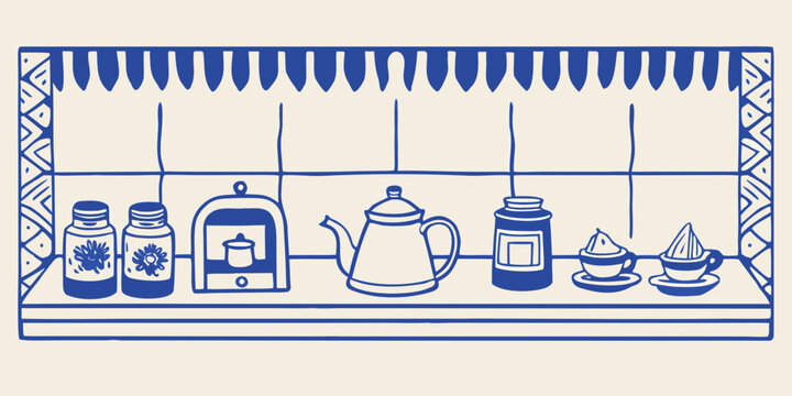 blue line art illustration of kitchen shelf with jars teapot and desserts high quality professional