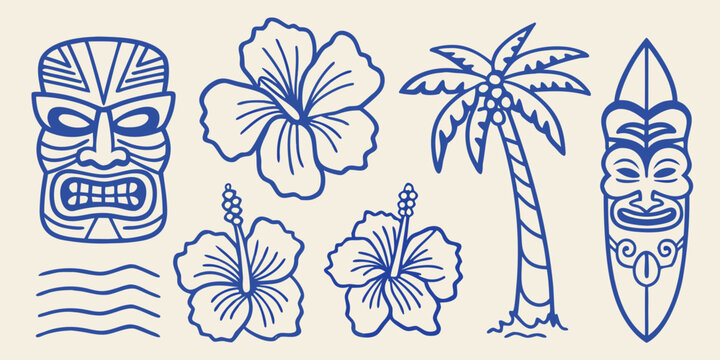 Polynesian tiki mask and tropical flowers line art illustration on a beige background high quality