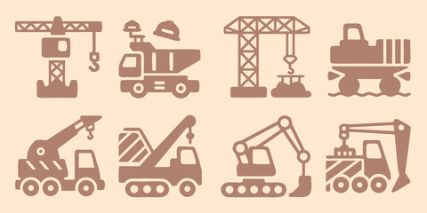 Construction vehicle icons set including cranes dump trucks and excavators in a flat style © Dibyendu