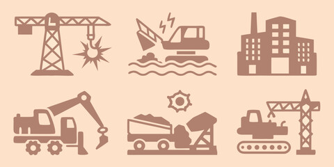 Construction equipment silhouettes including crane excavator dump truck and building on a beige background © Dibyendu