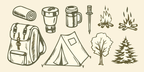 Camping equipment sketch collection including tent backpack and campfire on beige background high quality professional © Dibyendu